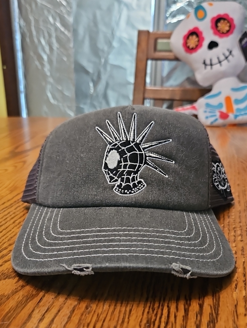 Spiderman Gray and Black Punk Skull Mesh Back Trucker Hat